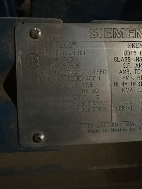 7.5 HP 875 RPM Siemens, Frame 284TZ, 230/460 Volts, Squirrel Cage, electrically OK - Image 1