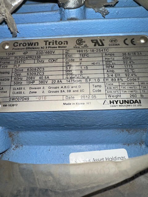15 HP 1775 RPM Hyundai, Frame 254TC, 230/460 Volts, Squirrel Cage, refurbished - Image 1