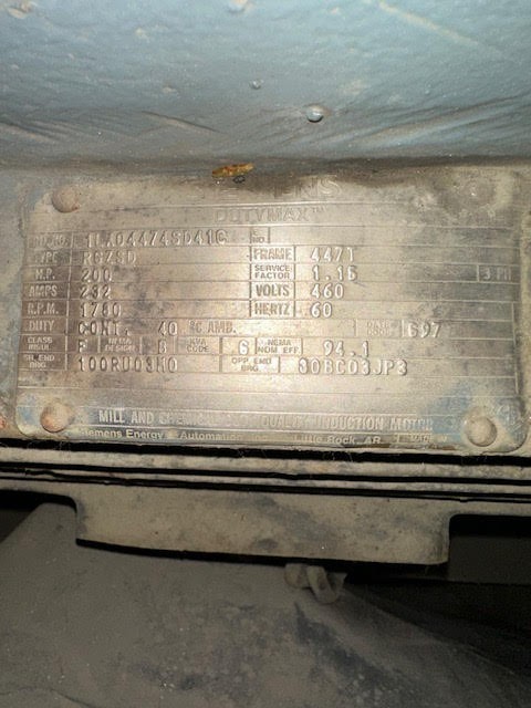 200 HP 1780 RPM Siemens, Frame 447T, squirrel cage, electrically OK, 460 Volts - Image 1