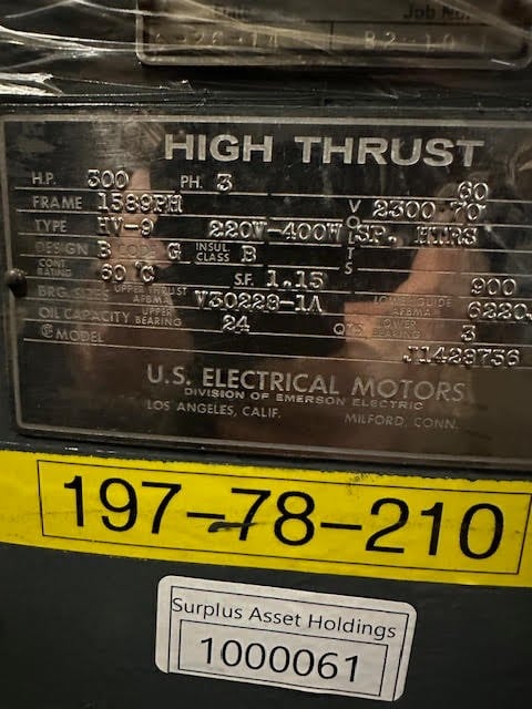 300 HP 900 RPM US Electric, Fr. 1589PH, 220/400 Volts, Verticle Pump, Refurb - Image 1