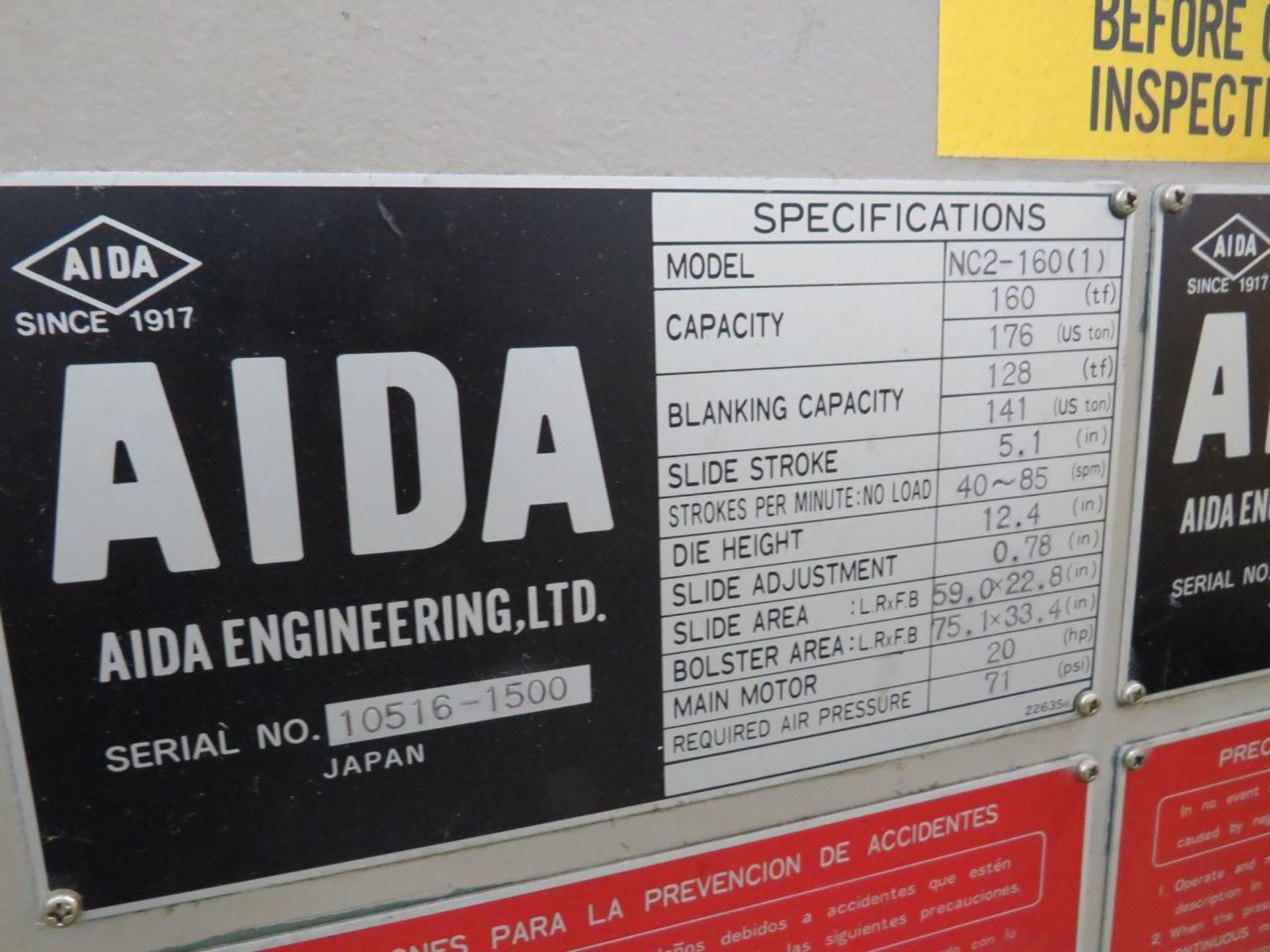 176 Ton, Aida #NC2-160(1), gap frame mechanical press, 5.12" stroke, 12.4" Shut Height,.78" adj., 40-85 SPM - Image 4