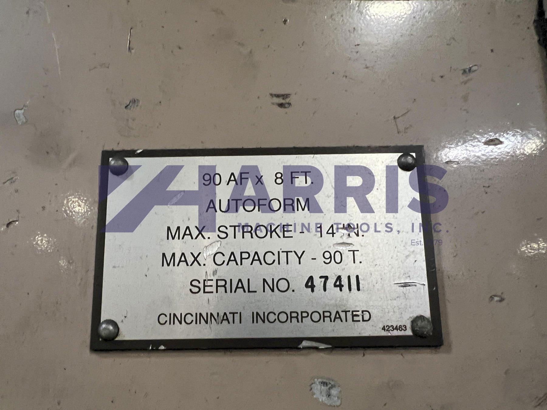 90 Ton, Cincinnati #90AF Autoform, hydraulic press brake, 10' overall, 102" between housing, 14" stroke - Image 4