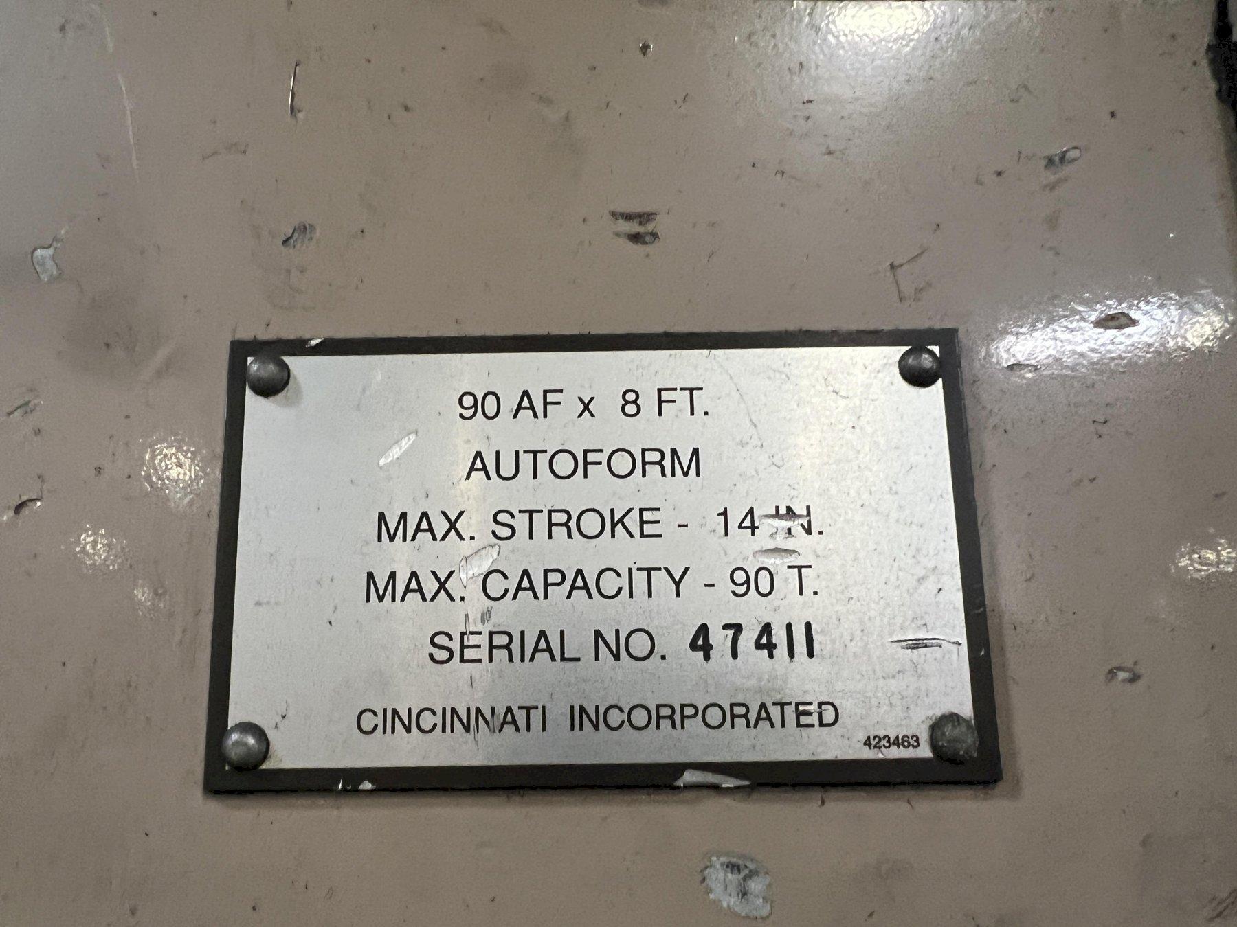 90 Ton, Cincinnati #90AF Autoform, hydraulic press brake, 10' overall, 102" between housing, 14" stroke - Image 7