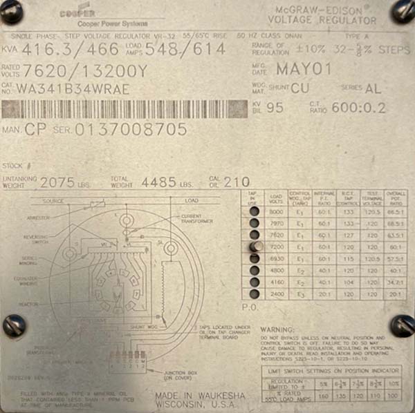 416.3/466 KVA, 7620/13200Y, COOPER, VR-32 SINGLE PHASE STEP VOLTAGE REGULATOR - Image 1