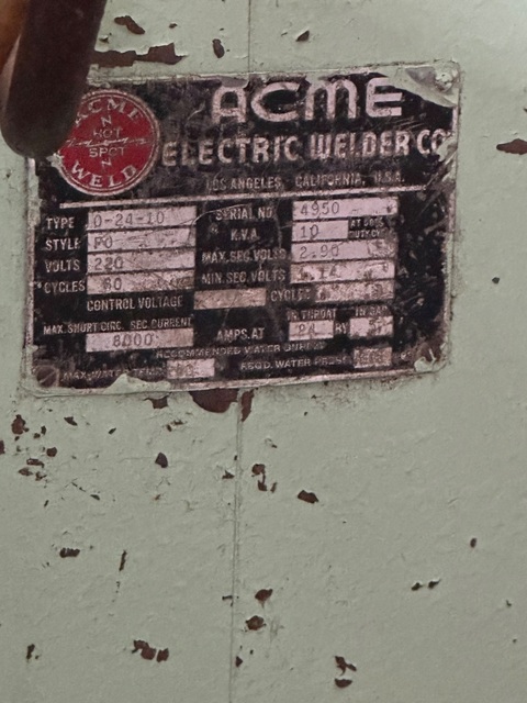 10 KVA Acme #0-24-10, Rocker Arm Type Spot Welder,foot pedal,timer,water cooled tips, 0-24-10 - Image 2