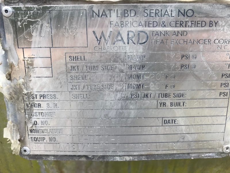 2356 sq.ft., 375 psi shell, Ward Tank Exchanger, 175 psi tube, 375&deg;F shell, 375&deg;F tube, 2003 - Image 5