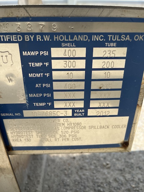 200 sq.ft., 400 psi shell, 235 psi tube, R.width Holland, heat exchanger, 315°F shell, 200°F tube, 2012 - Image 2
