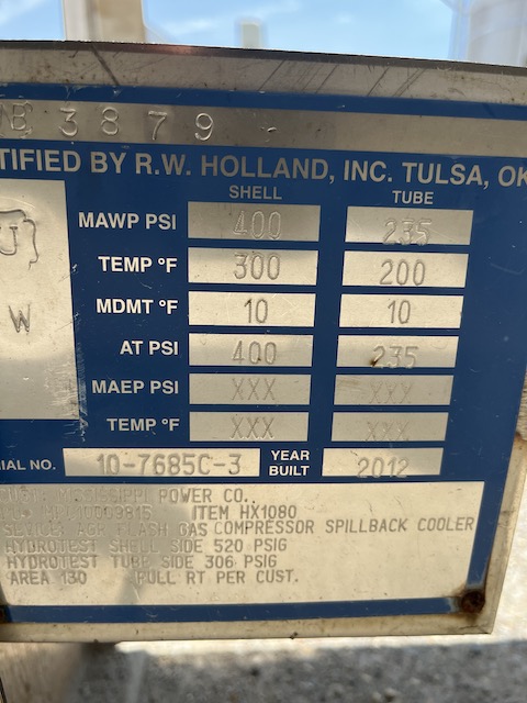 200 sq.ft., 400 psi shell, 235 psi tube, R.width Holland, heat exchanger, 315°F shell, 200°F tube, 2012 - Image 3