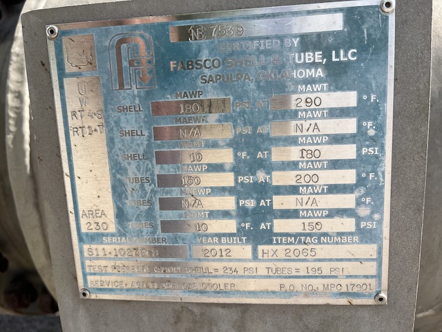 437 sq.ft., 180 psi shell, 150 psi tube, Fabsco Shell and Tube, heat exchanger, 290°F shell, 200°F tube - Image 3
