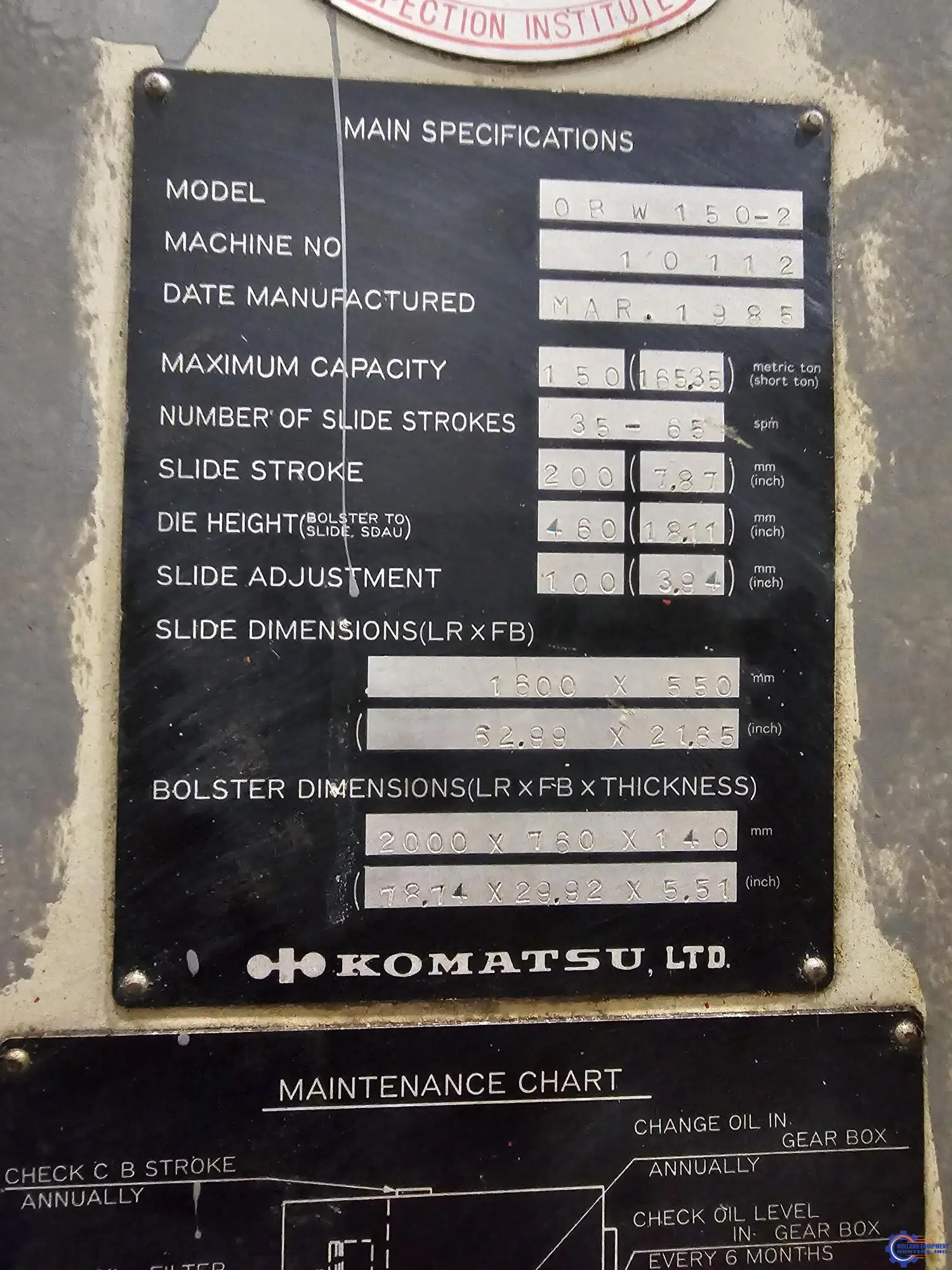 165 Ton, Komatsu #OBW150-2, gap frame press, 7.87" stroke, 18.11" Shut Height, 30-65 VSPM, 15 HP, 78" x29.9" - Image 8