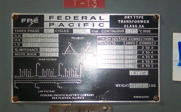 2500 KVA 13200 Primary, 4160 Secondary, Federal Pacific, dry, taps, LRST005 - Image 2