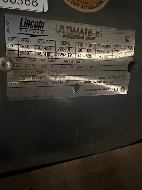 100 HP 3560/2960 RPM Lincoln Motors, Frame 365T, 230/460-208/415 Volts, Adjustable Speed, Refurb - Image 1