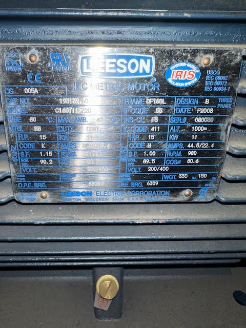 15 HP 1175 RPM Leeson, Frame DF160L, 230/460 Volts, Squirrel Cage, Refurb - Image 1