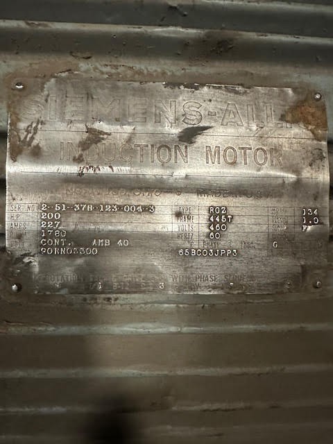 200 HP 1780 RPM Siemens, Frame 445T, 460 Volts, Squirrel Cage, electrically OK - Image 1
