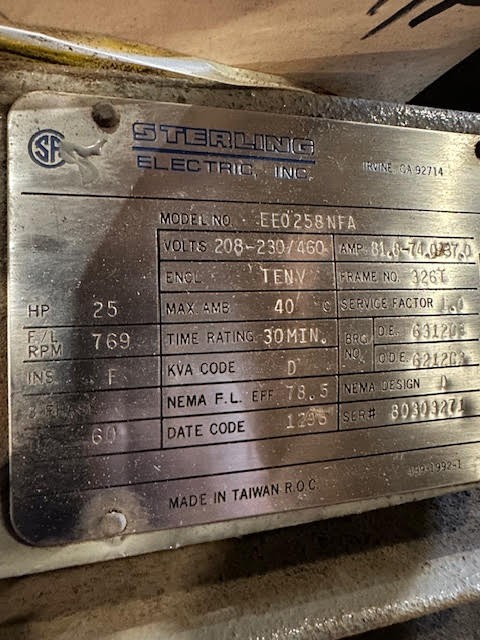 25 HP 769 RPM Sterling Electric, Frame 326T, 208-230/460 Volts, Squirrel Cage, Refurb - Image 1