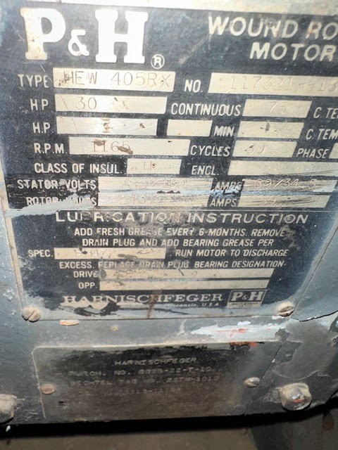 30 HP 1165 RPM P & H, 230/460 Volts, Wound Round Motor, electrically OK - Image 1