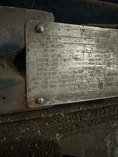 30 HP 1180 RPM Siemens, Frame 326T, 460 Volts, Squirrel Cage, electrically OK - Image 1