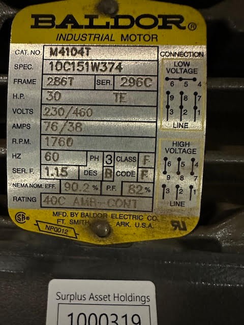 30 HP 1760 RPM Baldor, Frame 286T, 230/460 Volts, Squirrel Cage, electrically OK - Image 1
