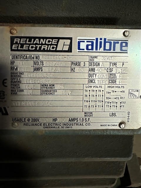 40 HP 1765 RPM Reliance, Frame 324T, 230/460 Volts, Squirrel Cage, electrically OK - Image 1
