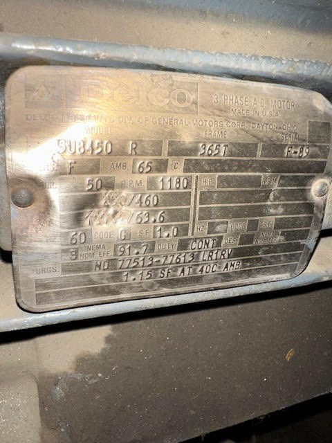 50 HP 1180 RPM Delco, Frame 365T, 460 Volts, Squirrel Cage, electrically OK - Image 1