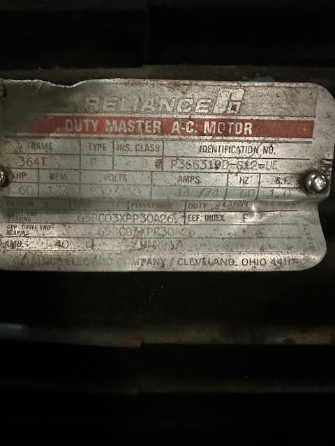 60 HP 1775 RPM Reliance, Frame 364T, 230/460 Volts, Squirrel Cage, electrically OK - Image 1