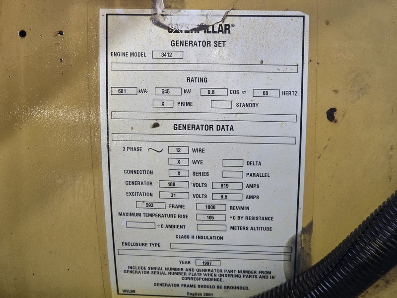 545 KW Caterpillar #3412, diesel generator, 817 HP, 480 Volts, 1997 - Image 2