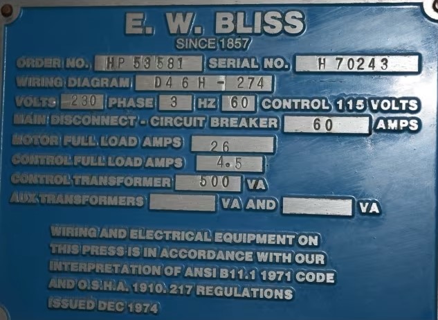 45 Ton, Bliss #C45, variable speed OBI press, air clutch & brake, 3" stroke, 12-1/4" Shut Height, 7.5 HP - Image 6