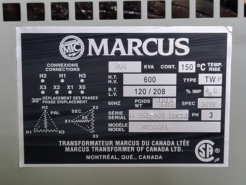 300 KVA 600 Primary, 208/120 Secondary, Marcus MT300A1, transformer, dry type (10 available) - Image 2
