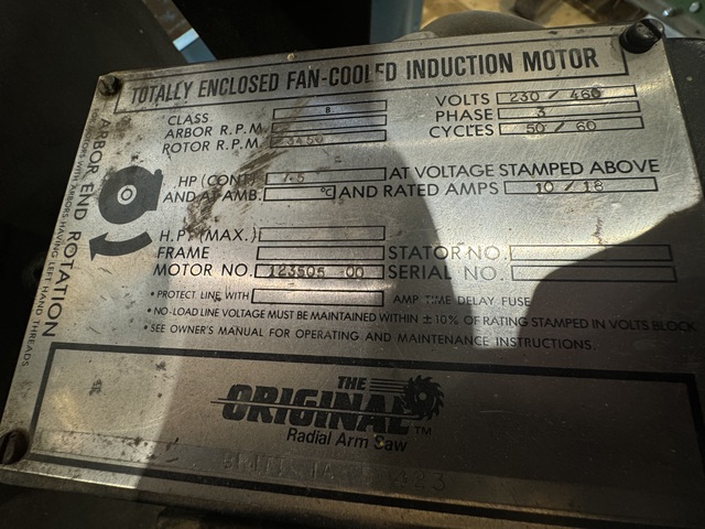 Original radial arm saw, 7.5 HP, 20" blade, 230/460 V. 3 phase - Image 7
