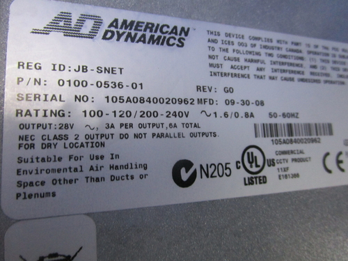 American Dynamics #JB-SNET Sensormatic transformer in Jbox - Image 2