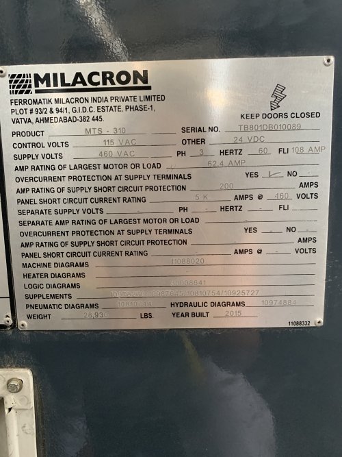 310 Ton, 26.6 oz., Cincinnati Milacron #MTS310, injection molder, 2.36" screw, 37" x37" platen, 36" x36" tie - Image 7
