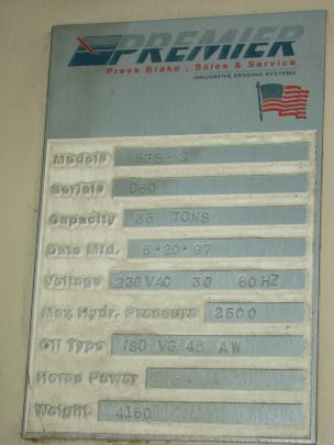 35 Ton, Premier #535-2, CNC Hydraulic Press, 5' overall, 42" between housing, 5' x 11 gauge Bending Capacity - Image 7