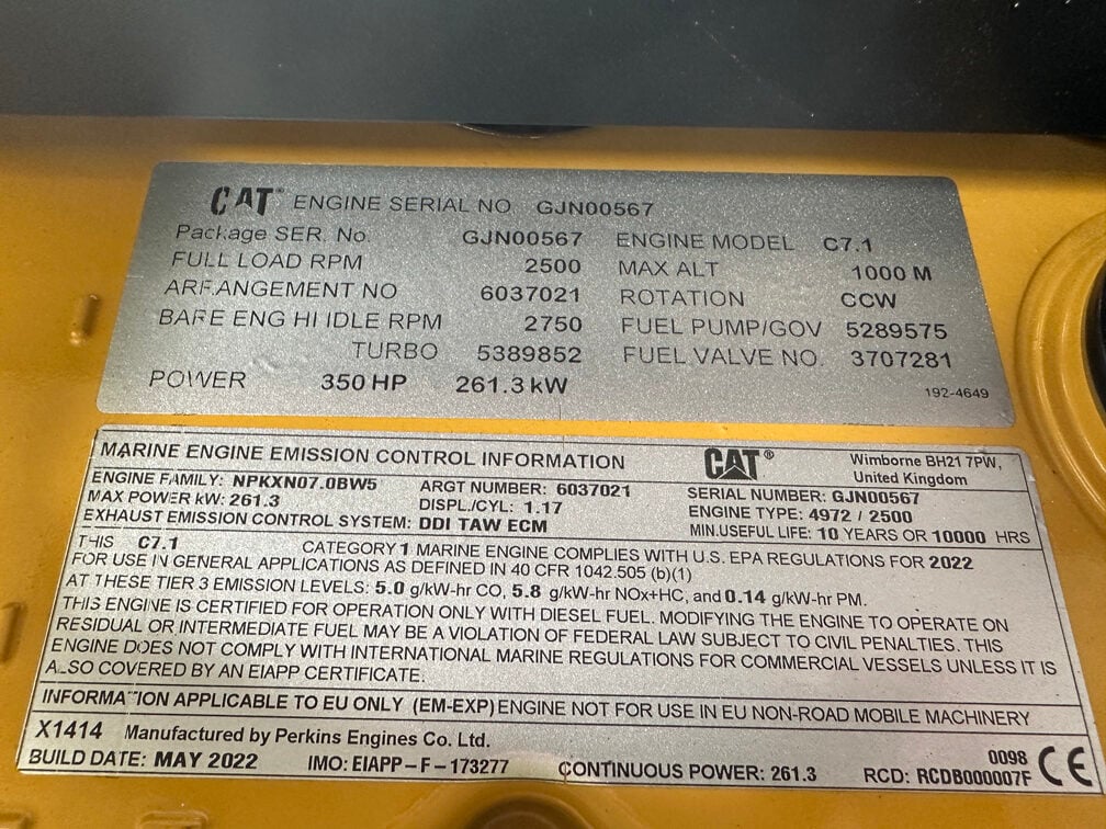 350 HP Caterpillar #C7.1, diesel marine engine, 2500 RPM, Tier 3, sound attenuated enclosure 3, electronic - Image 8