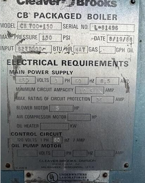 150 HP Cleaver-Brooks #CB-700-150, Steam Boiler, Natural Gas, 150 psi, 5277000 BTU/hr., 460 V, 1988 - Image 6