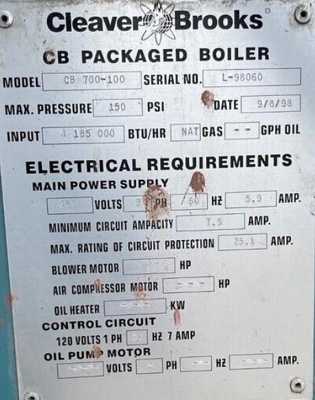 100 HP Cleaver-Brooks #CB700-100, Steam Boiler, Natural Gas, 150 psi, 4185000 BTU/hr., 480 V, 1998 - Image 3