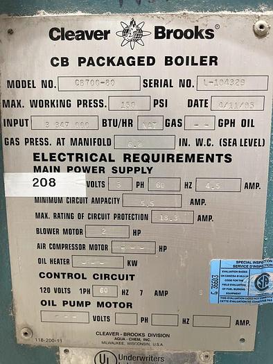 80 HP Cleaver-Brooks #CB-700-80, Steam Boiler, Natural Gas, 150 psi, 3347000 BTU/hr., 208 V, 2005 - Image 3