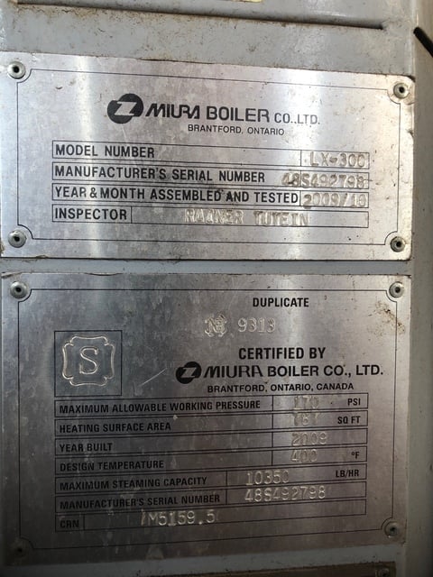 Muira #LX-300, Steam Boiler, Gas, 10350 lbs./hr., 170 psi, 2009 - Image 2