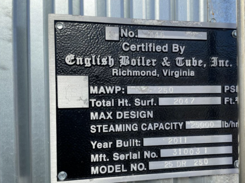 Englist Boiler, Gas Fired Steam Boiler, 2047 sq.ft., 25000 lb./hr., 250 psi, 2011 - Image 3