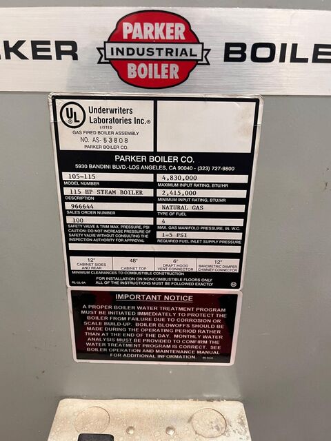 115 HP Parker Boiler #105-115, Steam Boiler, Natural Gas, 4830 MBTU, 100 psi, 2013 - Image 8