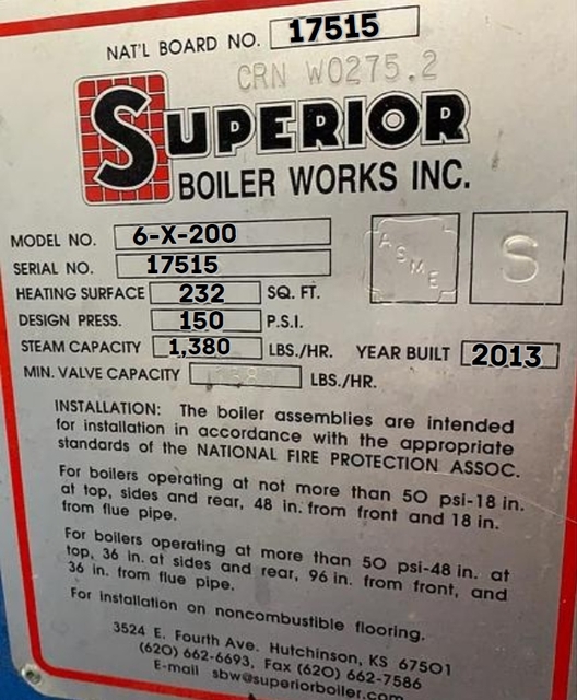 40 HP Superior #8-x-200, Steam Boiler, 202 sq.ft., 1380 lbs./hr., 150 psi, 2013 - Image 3