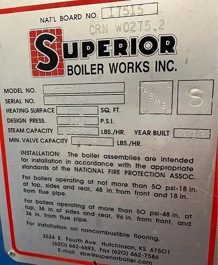 40 HP Superior #8-x-200, Steam Boiler, 202 sq.ft., 1380 lbs./hr., 150 psi, 2013 - Image 4