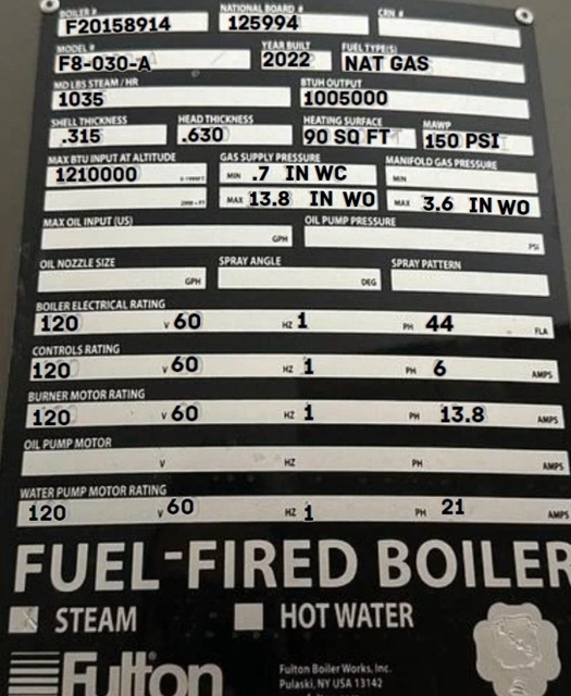 30 HP Fulton #FB-030-A, Steam Boiler, Natural Gas, 90 sq.ft., 1035 lbs./hr., 150 psi, 2022 - Image 3