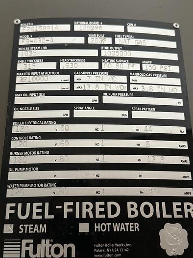 30 HP Fulton #FB-030-A, Steam Boiler, Natural Gas, 90 sq.ft., 1035 lbs./hr., 150 psi, 2022 - Image 4