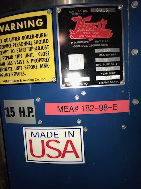 15 HP Hurst, High Pressure Boiler, 55 sq.ft., 518 lbs./hr., 150 psi - Image 5