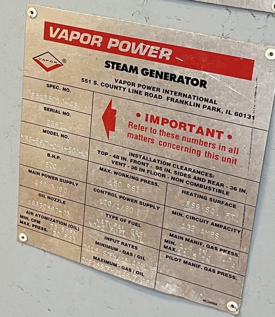 Vapor Power #MRG-5907-CHK-500-LN, Steam Generator, 500 HP, 150 psi, 480 V, 2014 - Image 2