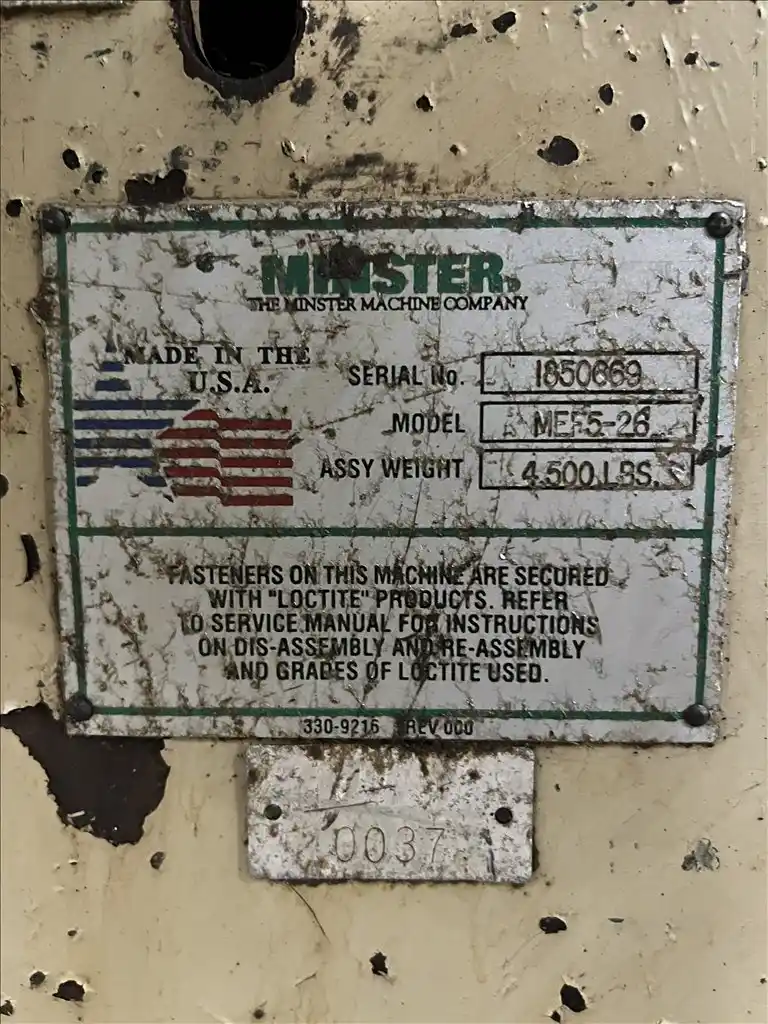 26" x .35" Minster, Servo Feed Line, 15000 lb., w/MEF5-26S Servo Feed, MTT12-26S Thread Table, MSH30-26-7 - Image 2