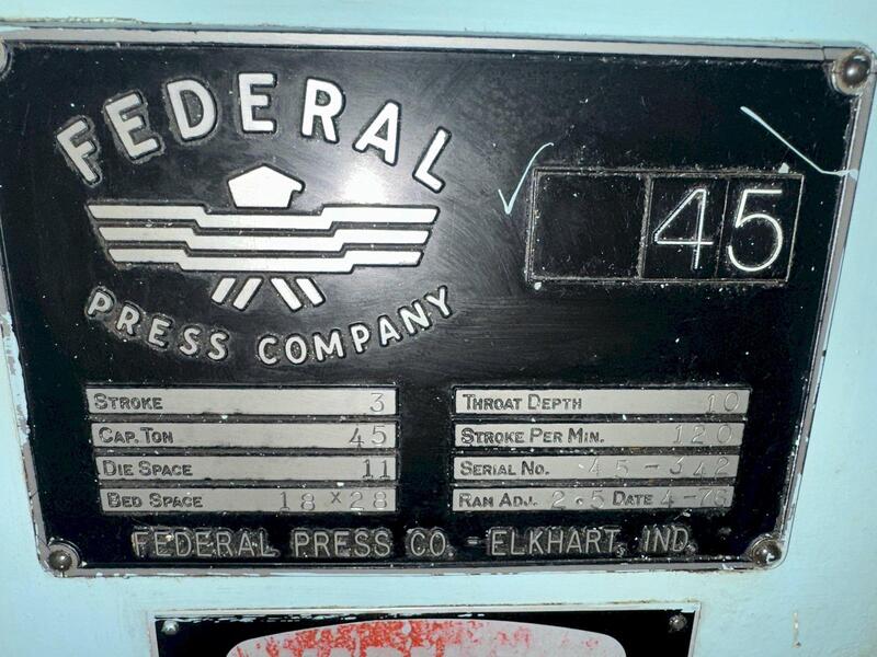 45 Ton, Federal #45, OBI Press, 3" Stroke, 11" Shut Height, 10" Throat, 120 SPM, 18" x 28" Bed - Image 3