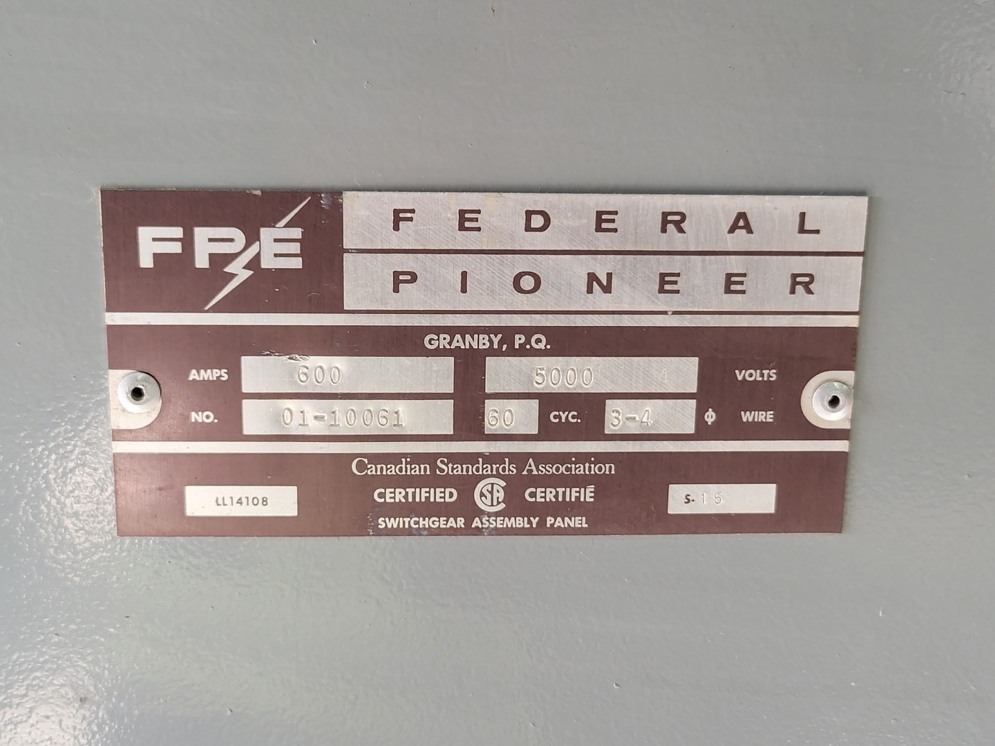 600 Amps. Federal Pioneer #IS, switchgear unit, 5000 Volts, 3-Ph - Image 3