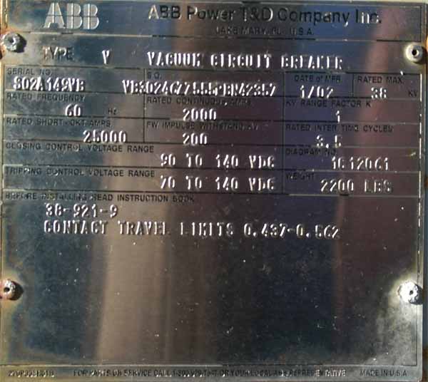 2000 Amp, ABB, V, 38 KV, 200KV BIL, 125 VDC CLOSE & TRIP, VACUUM BREAKER - Image 2