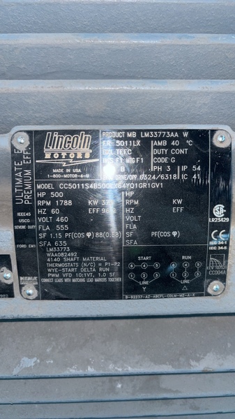 500 HP 1788 RPM Lincoln, Frame 5011LX, TEFC, 1.15 service factor, New Surplus - Image 2